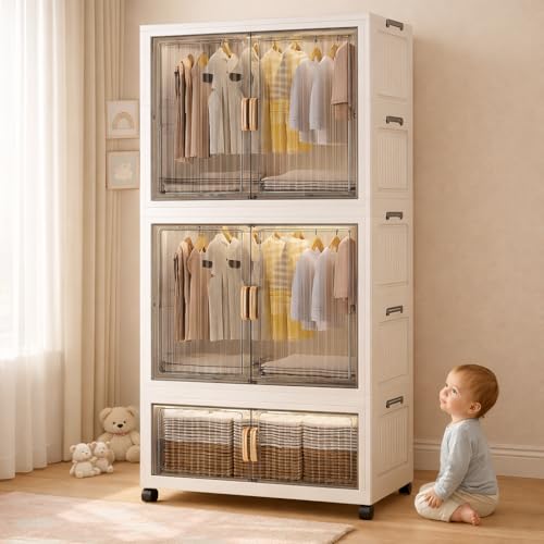 Image of Mevigo Door Plastic Wardrobe for Kids| Almirah and Wardrobe for Baby Clothes| Modular Storage Cabinet with Wheel Organizer for Cupboard Rack for Clothes /Shoes /Books /Toy (Shine White-721, 3- Door)