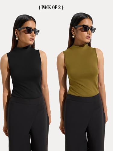 Image of KOTTY Women's Sleeveless High Neck Ribbed Tank Top Combo Pack of 2 Stylish Casual & Office Wear Tops