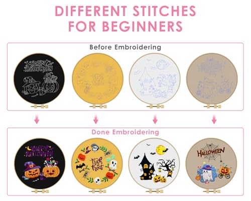 Image of TINDTOP Halloween Embroidery Kit for Adult, Embroidery DIY Starter Kit | 4 Pack with Stamped Patterns, Hoop, Tools, Colorful Threads with Needles, Instructions