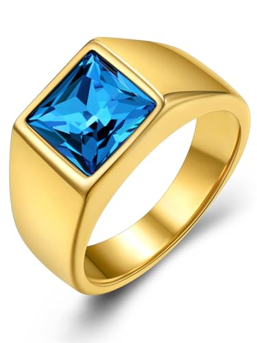 GoldChic Anillo Sello Cristal Azul Dedo Menique Anillo Grande Oro Hombre, Talla 64.6 Anillo Solido Bueno Peso