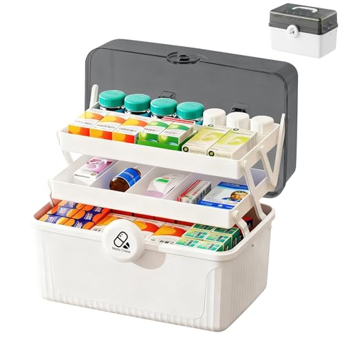 Kezidhp Hausapotheke Box Große Medikamenten Aufbewahrung mit 3 Etagen & Tragegriff, Medizinbox Erste Hilfe Koffer, Multifunktionaler Medizinkoffer für Zuhause, Reise & Familie 30,5x20x21,5cm