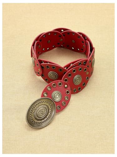 Women's Grommet Eyelet Wide Disc Belt Boho Cowgirl Vintage Western Metal Buckle Leather Concho Waist Belts4