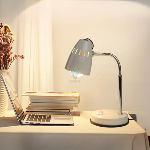 Image of BEHMEK Modern Metal Study Lamp | Adjustable Desk Light for Reading, Study & Office Work | Flexible Neck Table Lamp for Students and Home Office (White)