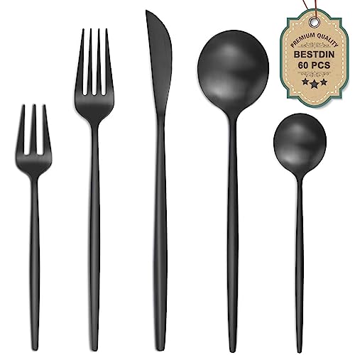 Bestdin Juego de cubiertos para 12 personas, 60 piezas, color negro mate, juego de cubertería con cuchillo, tenedor, cuchara, acero inoxidable, apto para lavavajillas.