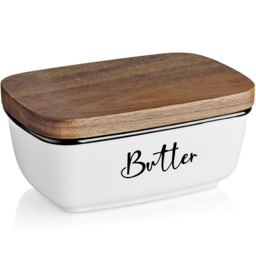 Butter Dish with Lid, ALELION Large Ceramic Butter Dish for Countertop, Butter Keeper with Thick Acacia Wood Lid, Kitchen Decor and Accessories for Kitchen Gifts, White