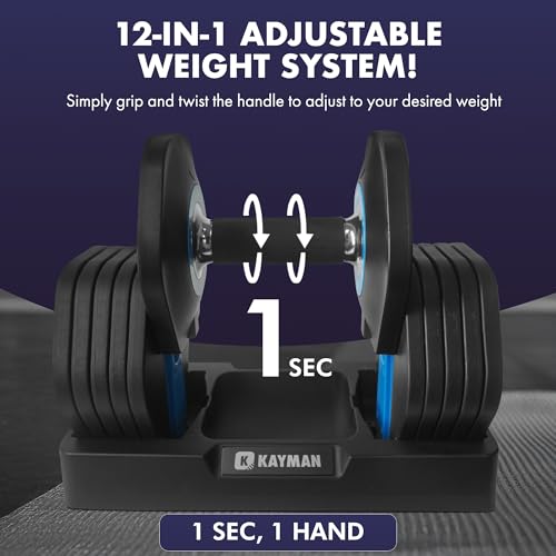 Kayman Adjustable Dumbbell Pair 2x12kg, Powerblock 12-in-1 Weight Set with Quick Radial Dial System, Adjustable Dumbbells Set Strong Grip Workouts & Strength Training dumbells for Home, Gym Fitnes - Image 3