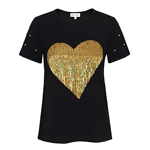 Image of PESION Womens Short Sleeve T-Shirt Sequined Tops O-Neck Funny Graphic Tees Blouse