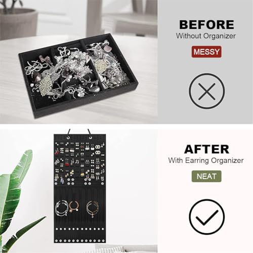 Image of HASTHIP Wall Hanging Jewellery Organizer Women, Large Necklaces Earrings Organizer Box Hanger, Soft Felt Bracelets Earrings Storage Holder Display Board Jewelry, Ear Studs, Hair Clips, Black