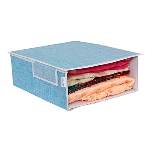 Image of PrettyKrafts Jute Stackable Fabric Saree Storage Organizer for Wardrobe, Clear Front Window with Lid, (Blue)