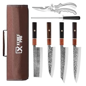 Japan Knife Set, High Carbon Steel Japan Nakiri Santoku Knife Set, Hand Forged Meat Cleaver Butcher Knife with Accessories for Kitchen, Camping BBQ Knives Set with Bag