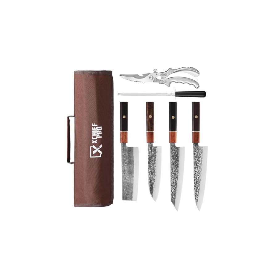 Japan Knife Set, High Carbon Steel Japan Nakiri Santoku Knife Set, Hand Forged Meat Cleaver Butcher Knife with Accessories for Kitchen, Camping BBQ Knives Set with Bag