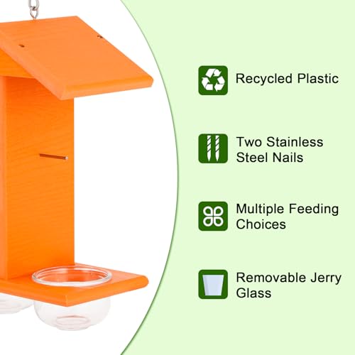 Gbekery Oriole Feeders for Outdoors Hanging,All-in-One Recycled Plastic Oriole Feeder with Two Removable Glass Cups Jelly or Jam, Fruit, Nectar or Seed for Orioles,Orange,1 Pack by Gbekery - Used condition - Image 4