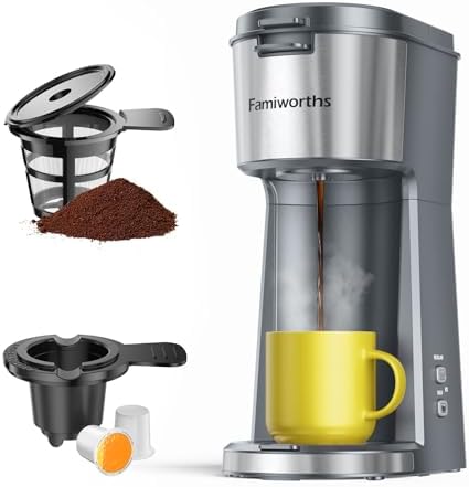 Famiworths Single Serve Coffee Maker for K Cup & Ground Coffee, With Bold Brew, One Cup Coffee Maker, 6 to 14 oz. Brew Sizes, Fits Travel Mug, Gray