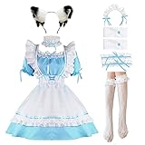 LISANEK Maid Outfit Anime Cosplay Lolita Maid Dress French Maid Costume Plush cat ear Socks set (M, Blue)