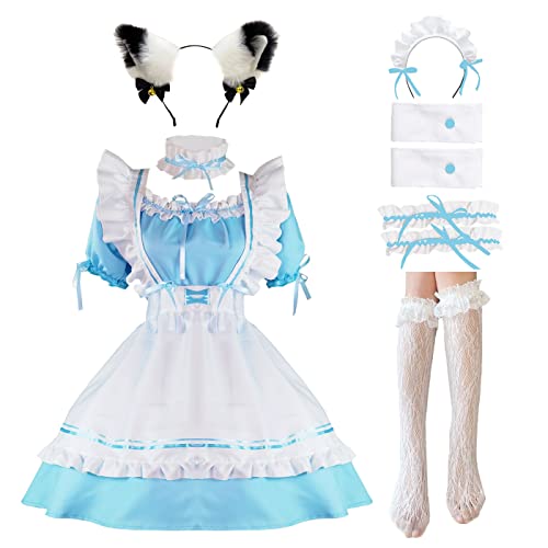 LISANEK Maid Outfit Anime Cosplay Lolita Dress French Maid Costume Plush cat ear Socks set (M, Blue) by LISANEK - Used condition - US$21.87