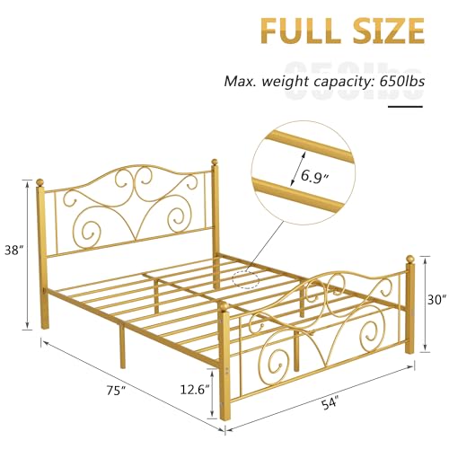 Image of VECELO Full Size Bed Frame with Headboard and Footboard, Heavy Duty Metal Slat Support, Platform Mattress Foundation, No Box Spring Needed, Easy Assembly, Gold