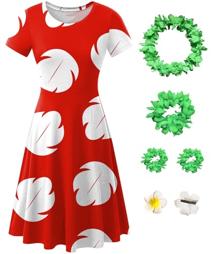 Maisolly Halloween Womens Cosplay Hawaiian Lilo Short Sleeve Costume Hawaiian Dresses with Wreath and Flower Hair Clip L