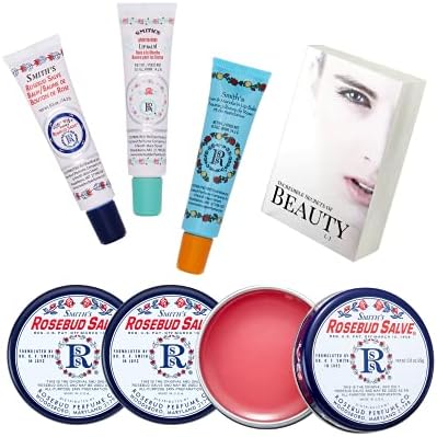 Smith's Rosebud Lip Balm Bulk- 3x0.5oz Premium All Purpose Lip Gloss Tubes & 3x0.8oz Lip Treatment Salve- Rosebud Trio Lip Balm Tubes for Plump Lips & Cracked Skin Care with Rosebud Salve Tin & E-Book