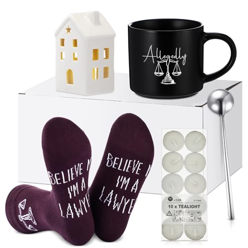 Conelist 6 Pcs Lawyer Gifts for Women Law School Student Include 16.9 oz Mug Cup LED Candle Holder Spoon Socks Tealight Thank You Favor for Paralegal Attorney Law Student