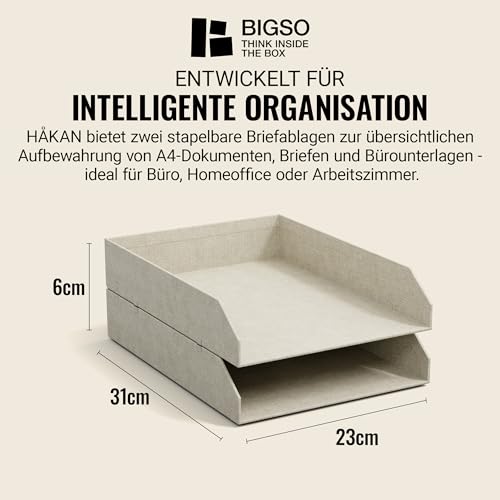 BIGSO Hakan 2er-Set Briefablage A4 – Aufbewahrungsbox stapelbar mit Griff – Schreibtischablage für Briefe, Dokumente & Unterlagen – Ordnungssystem aus Faserplatte mit Papier – beige