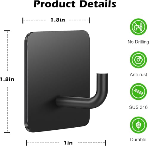Image of 6 PCS Self Adhesive Wall Hooks | Heavy Duty Stainless Steel Waterproof Hooks for Wall Without Drilling | Multipurpose Towel, Bathroom, Kitchen (Stainless Steel Hook Sticker - Black Pack of 6)
