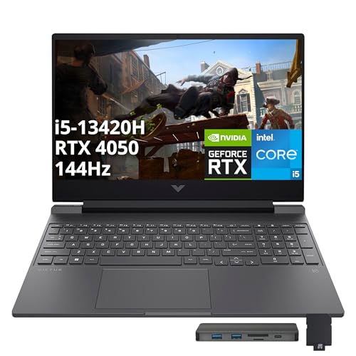 Image of HP Victus 15.6 inch 144Hz FHD Gaming Laptop, Intel i5-13420H, 16GB RAM, 512GB PCIe SSD, NVIDIA GeForce RTX 4050, Backlit Keyboard, HD Camera, WiFi 6, Win 11, Mica Silver, 1TB Docking Station Set