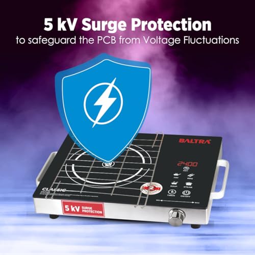 Image of Baltra Classic 2400W Infrared Cooktop Stove with Steel Grill Rack Touch Control, Polished Crystal Glass Plate, Digital Display 3 Modes, 5KV Surge Protection for Induction & Flat Bottom Utensils