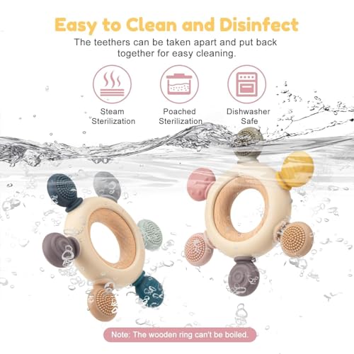 Image of Novo Baby Baby Teether 0-6 Months - Soft Silicone & Wood Toy for Infants | BPA-Free Teething Relief for 3-12 Month Age Group | 3 to 6 Month Baby Toys | Gift for Newborns & Toddlers - Beige