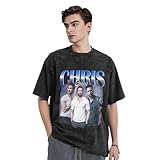Chris Music Evans T-Shirt Men Vintage Washed Shoulder Short Sleeved with Hot Stamping Pattern Tee Medium Black
