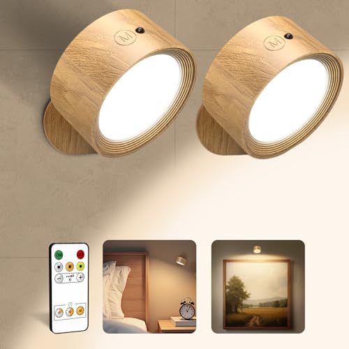 Image of EZVALO LED Wall Lights, 2000mAh Rechargeable Wall Lights Indoor, 3 Color Temps with Remote and Touch Control, 360°Rotation Dimmable Cordless Wall Light for Living Room Bedroom (Woodgrain, 2 Pack)