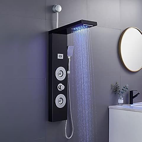 ROVOGO Retrofit Shower Panel with LED Rain Shower, 2 Body Jets and Handheld, Easy Connect Shower Tower Column with Temperature Display, Black Cover