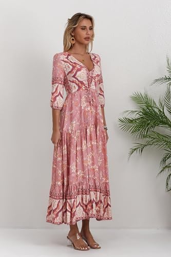 Image of Women Short Sleeve V Neck Floral Print Casual Bohemian Maxi Dresses