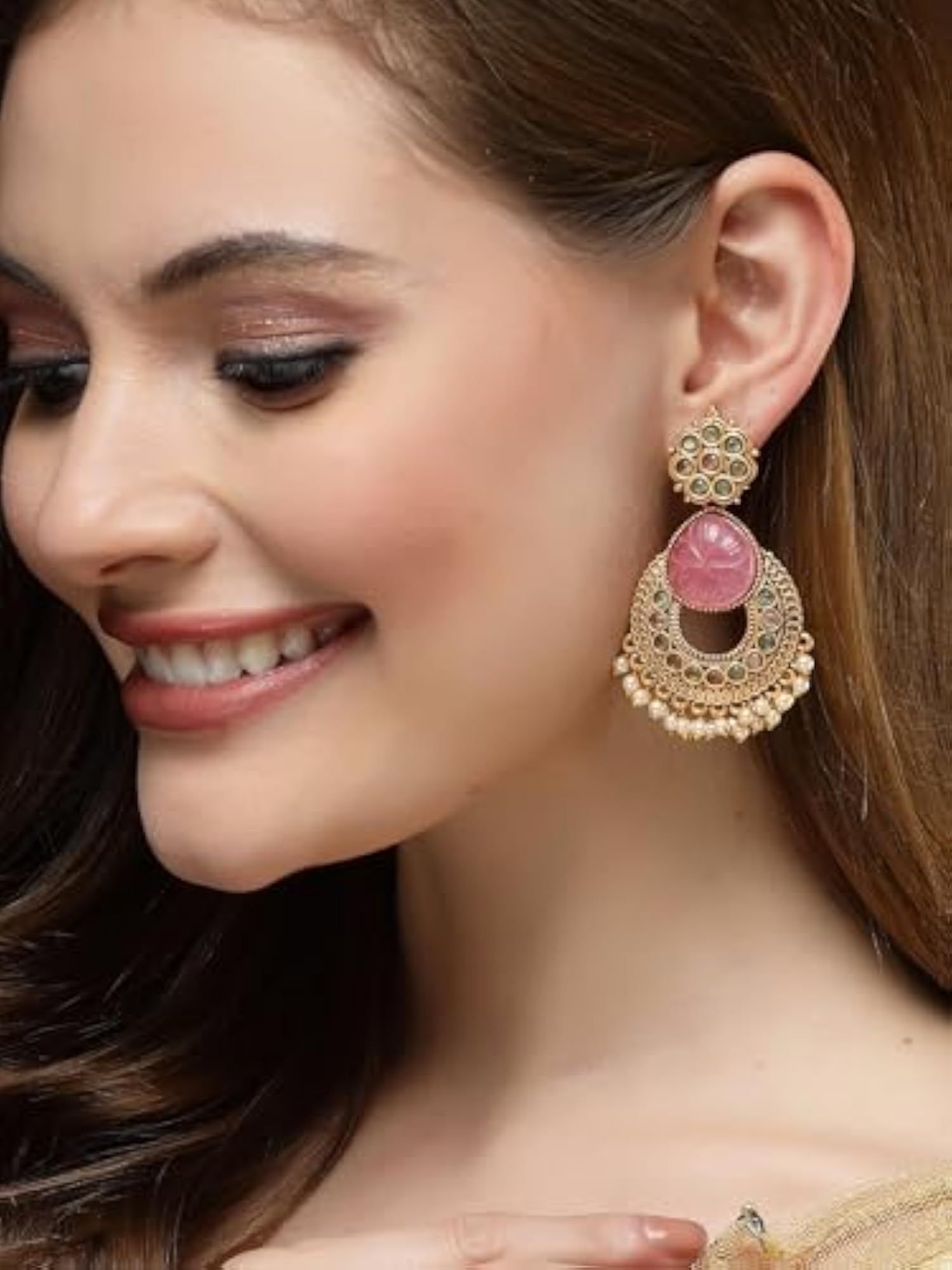 Women's Plated Carved Stone Drop Earrings