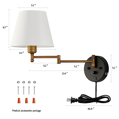Pullcu Swing Arm Wall Lamp, Bedside Wall Lamp With Dimmable Switch And Usb Charging Port, Indoor Plug In Wall Sconces, Suitable Forbedroome,Living Room, Reading #TOP4