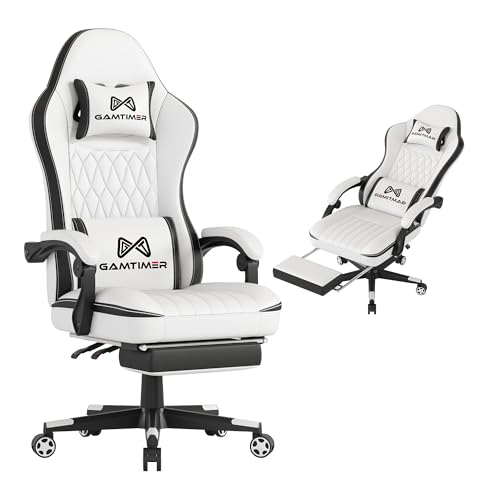 Image of Gamtimer Gaming Chair with Footrest, Ergonomic Computer Chair, PU Breathable Material with Headrest and Lumbar Support, Suitable for Silla Gamer and Adults (White)