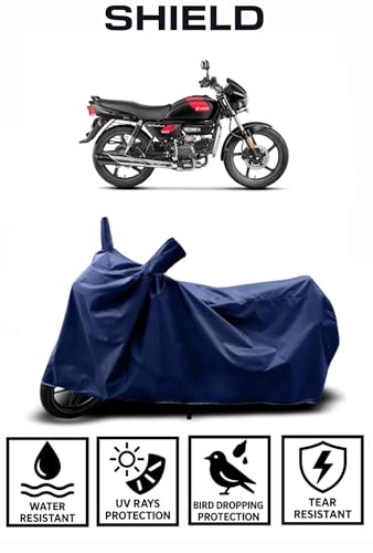 Image of Shield Heavy Duty Bike Cover for Hero Splendor | All-Season, Tear-Proof Fabric | with Side Mirror Pocket & Buckle Belt | Hero Splendor Bike Cover (Blue)