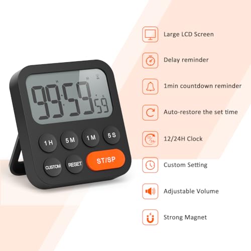 LIORQUE Digital Kitchen Timer Magnetic Countdown with Loud Alarm and Large LCD Display, Digital Timer Clock 99 Hour Kitchen Timers for Cooking & Kids & Teachers