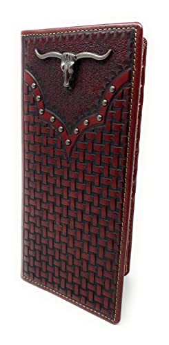 Western Genuine Leather Basketweave Longhorn Men's Long Bifold Wallet in 2 colors (Coffee)2