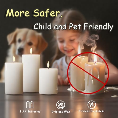 Image of JOIONE White Flameless Pillar Candles with Remote, 3 Pack Home Decor | Battery Operated LED, Pure White Real Wax, Remote Control, Warm Flickering Glow, Safe Living Room & Dining Table Decor