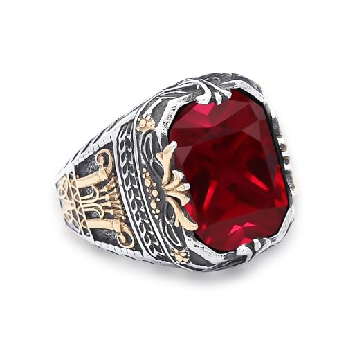 QKABTI Vintage Mens Gemstone Ring Silver and Gold Plated Cushion