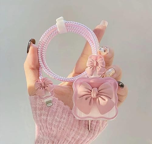 Image of INEFABLE Charger Case Cover Protector with 3D Cute Pattern for iPhone Charger only 18W & 20W, Data Charging Cable Wire Saver Protective Cable Cover Full Protection - Set Of 1 (Pink Bow)