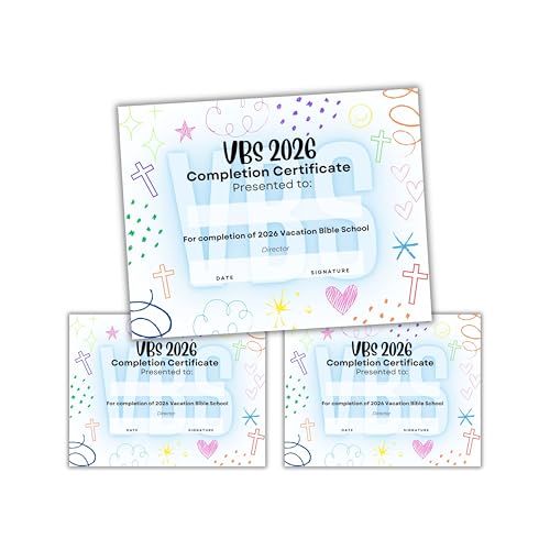 2026 VBS Vacation Bible School Certificate of Completion Award | 50 pk 8.5x11” Attendance Award for Kids Religious Colorful Non-Denominational School Participation