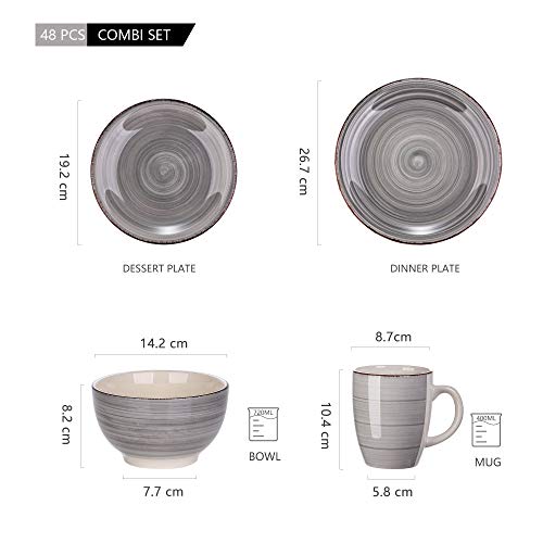 Vancasso Stoneware Dinnerware Set, Bella 48 Pieces Set Of 12 Stoneware Dinner Set With Dinner Plates, Salad Plates, Bowls, Mugs, Microwave Dishwasher Safe - Gray #TOP1