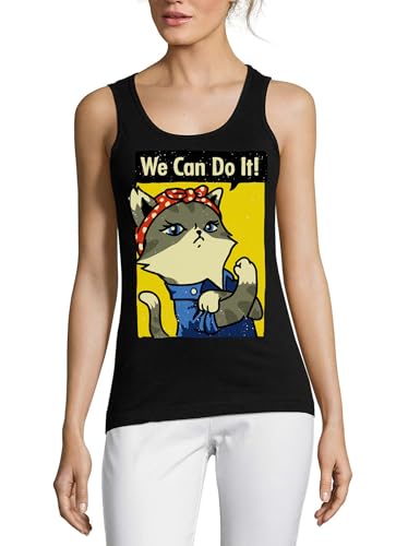 Camiseta sin mangas negra con ilustración original de gato feminista We Can Do It para mujer