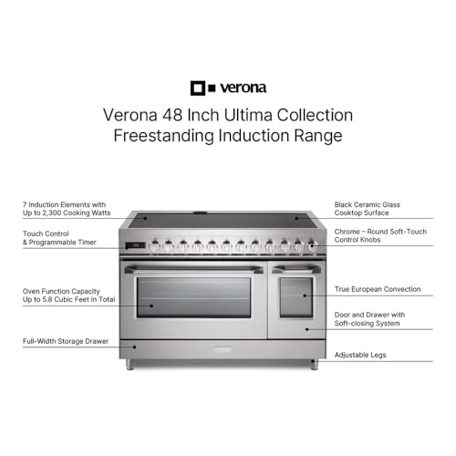 Image of Verona VUFSIE487DSS 48 inch Ultima Collection Induction Range with 7 Elements, Griddle, 6.5 cu. ft. Total Oven Capacity, Bridge Control, Digital Clock in Stainless Steel