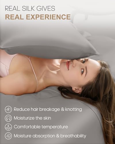 Image of THXSILK Set of 2 Silk Pillowcases for Hair and Skin, 22 Momme, 100% Mulberry Silk Bed Pillowcases with Hidden Zipper, Soft Breathable Smooth, King Pillow Case (Grey)