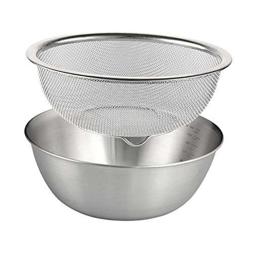 STARTIST 2 Pieces Fruit Vegetable Washing Basket, Rice Washing Bowl Colander Food Strainers Set, 304 Stainless Steel Colander with Mixing Bowl for Rice, 22cm