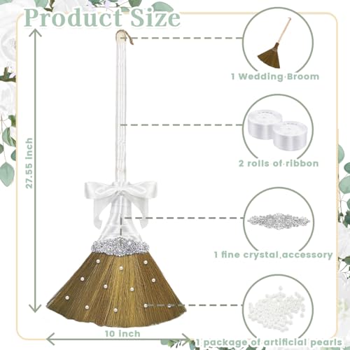 Quaocens White Whisk Broom for Jumping Ceremony, With White Ribbon and Faux Pearls, DIY Wedding Ceremony Crafts - Thumbnail 2
