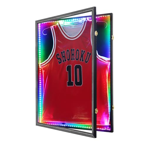 Image of Grintus Jersey Frame Display Case,Lockable with Colorful Led Lights Display Box for Jersey Display with UV Protection Acrylic and Hanger for Baseball Basketball Football Hockey Sport Shirt,Black