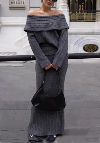 Image of Unybwonn Skirt Sets Women 2 Piece Outfits off the Shoulder Sweater and Knitted Skinny Maxi Skirts Fall Casual Outfits